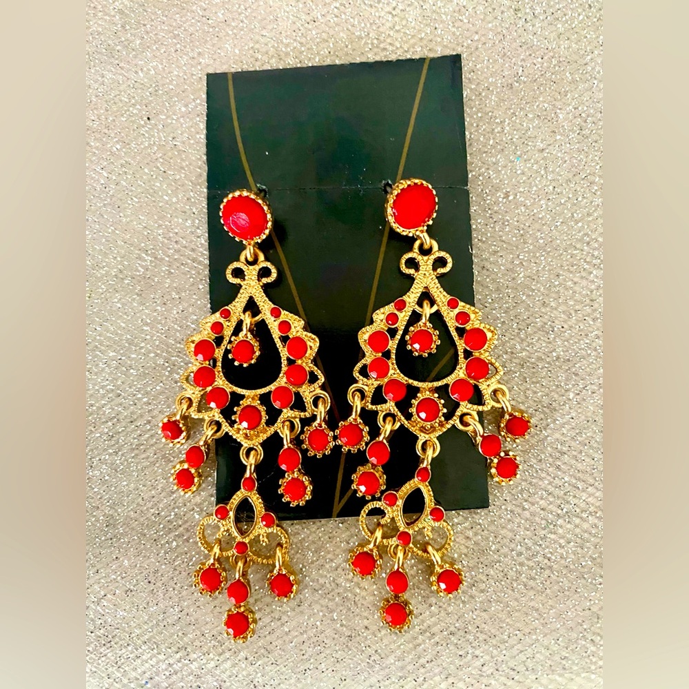 Made in India Drop Brass Red Chandelier Dangle Earrings